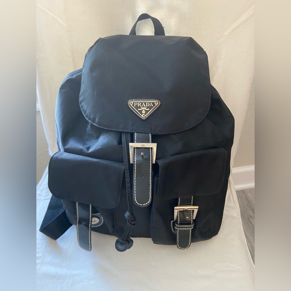 Prada Black Nylon Small Top Handle Backpack Silver Tone Hardware